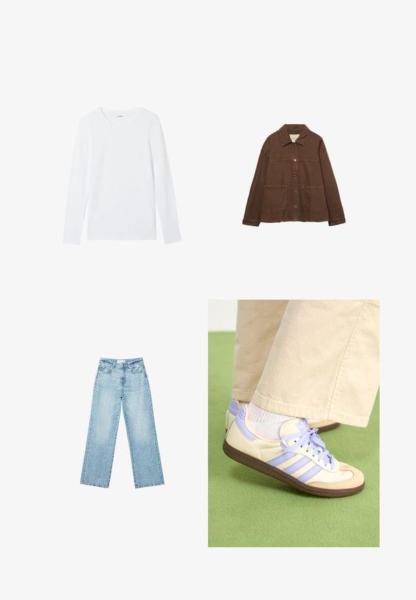 Brązowa bawełniana kurtka z kołnierzykiem, z przodu na zatrzaski i dwiema dużymi naszywanymi kieszeniami. Czysty, prosty krój.; Biała koszula z długim rękawem wykonana z gładkiej bawełny, charakteryzująca się okrągłym dekoltem oraz brakiem wzorów i zdobień. Klasyczny, minimalistyczny design.; Jasnoniebieskie jeansy z szerokimi nogawkami i wysokim stanem, z lekko wybledzonym wykończeniem i drobnymi, rozproszonymi przetarciami.; Kremowe i lawendowe trampki z trzema paskami oraz teksturowaną brązową podeszwą, wyposażone w sznurówki i wyścieloną piętę. Górna część z miękkiego materiału.