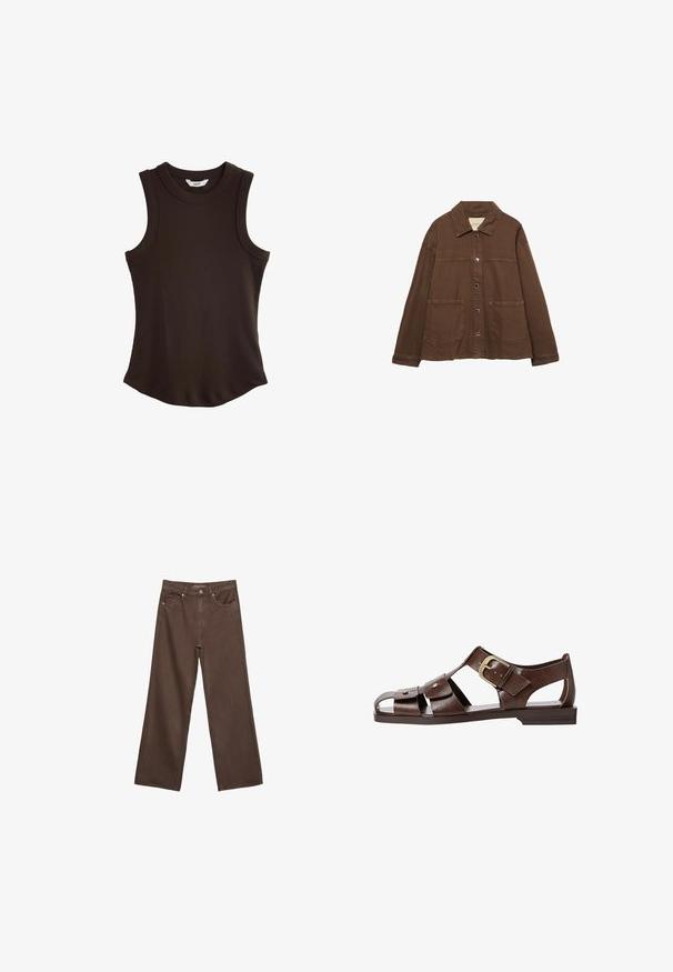 Ruskea puuvillapusero, jossa on kauluksellinen kaula-aukko, etuosassa napit ja kaksi suurta päällystaskua. Siisti, suora leikkaus.; Ruskea ribattu hihaton toppi, jossa on pyöreä kaula-aukko. Ominaisuuksina kaareva helma, joka antaa sileän siluetin, valmistettu joustavasta kankaasta.; Leviittävät ruskeat farkut, jotka on valmistettu denimistä, korkea vyötärö, etutaskut ja klassinen nappikiinnitys. Silkkinen pinta hienovaraisella ompelutyöllä.; Ruske nahkale sandale s izrezanim dizajnom, prilagodljivo sponko na strani in ravnim podplatom, z metalnimi detajli in odprtimi prsti.