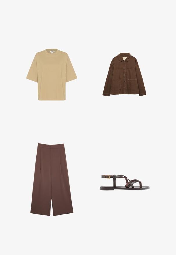 Rjava bombažna jakna z ovratnikom, sprednjimi snap gumbi in dvema velikima žepoma. Čista, ravna krojna zasnova.; Bež majica oversized kroja, izdelana iz mehkega blaga, s krožnim vratnim izrezom in kratkimi rokavi. Ni vidnih vzorcev ali okraskov.; Rjave široke hlače z gladko teksturo, ki imajo visok pas in sprednje naborke. Tkanina je lahka in prosto pada.; Rjav usnjen sandal z načinom prečnega črta, zaklepom okoli gležnja in ravnim podplatom z minimalnimi šivi.