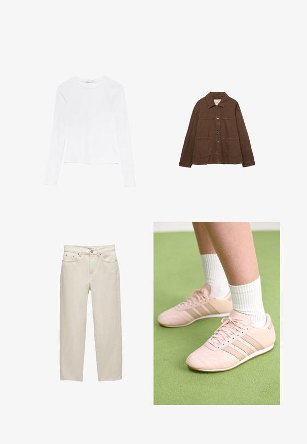 Smeđa pamučna jakna s ovratnikom, prednjim snap gumbima i dva velika džepa. Čist, ravno krojen dizajn.; Bijela majica dugih rukava s okruglim izrezom. Ima uski kroj, glatku teksturu tkanine i malo skraćeni rub.; Bijele traperice od denima s opuštenim krojem, s ravnim nogavicama, dizajnom s pet džepova i metalnim detaljima s suptilnom teksturom.; Svijetloružičaste atletske tenisice s dijagonalnim šavovima, bijelim potplatima i tri bočne pruge. Nanosene s rebrastim bijelim čarapama na zelenoj površini.