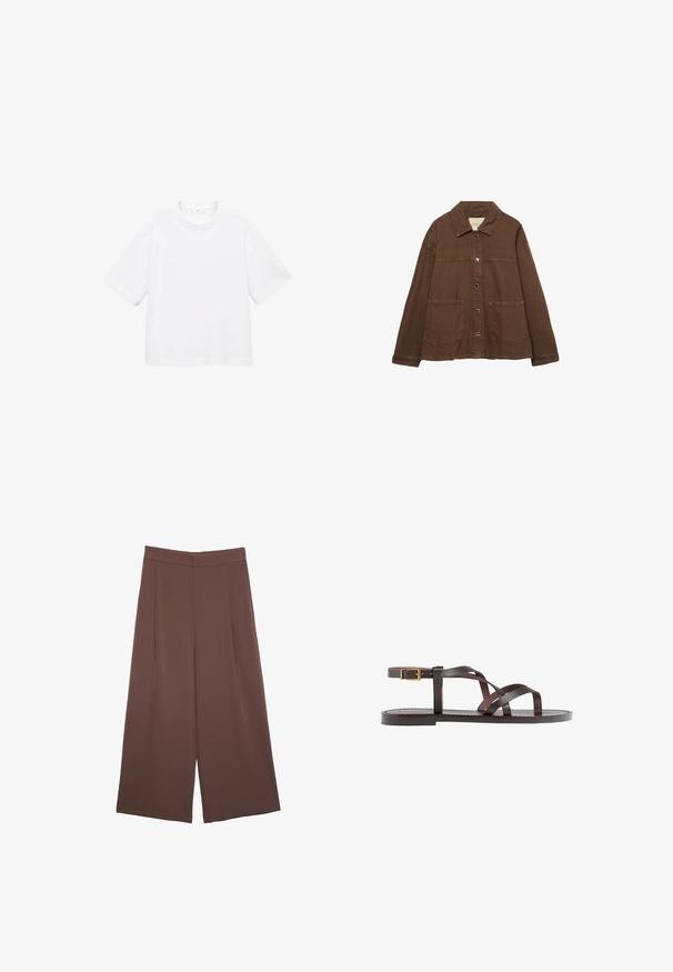 Braune Baumwolljacke mit einem Kragen, vorderen Druckknöpfen und zwei großen aufgesetzten Taschen. Sauberes, geradliniges Design.; Weißes Baumwoll-T-Shirt mit kurzen Ärmeln und rundem Ausschnitt. Einfaches Design, lockere Passform, glatte Textur. Keine Muster oder Verzierungen sichtbar.; Braune Weite-Leg-Hosen mit einer glatten Textur, hoher Taille und Vorderfalten. Der Stoff ist leicht und fällt locker.; Braune Leder-Sandale mit überkreuzten Riemen, einem Knöchelriemen mit Schnalle und einer flachen Sohle mit minimalen Nähdetails.