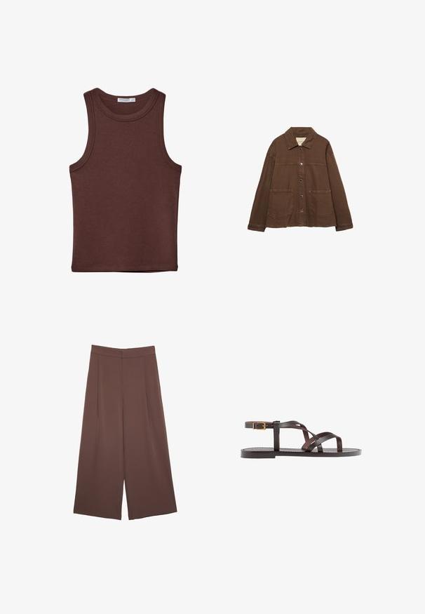 Hnedá bavlnená bunda s límcom, prednými cvokmi a dvoma veľkými náprsnými vreckami. Čistý, rovný strih.; Hnedý tielko bez rukávov s okrúhlym výstrihom. Vyrobené z jemnej bavlny, má jemné švy a priliehavý strih. Bez vzorov alebo akcentov.; Hnedé nohavice so širokými nohavicami a hladkou textúrou, s vysokým pásom a prednými skladmi. Tkanina je ľahká a voľne sa pohybuje.; Hnedé kožené sandály s krížovými popruhmi, uzatváraním na pracku okolo členku a plochou podrážkou s minimálnymi ševmi.