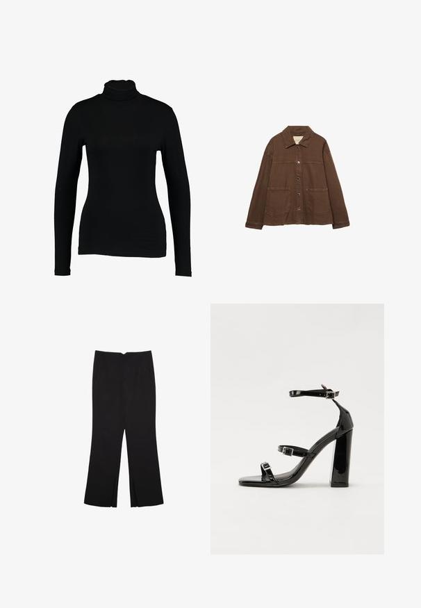 Smeđa pamučna jakna s ovratnikom, prednjim snap gumbima i dva velika džepa. Čist, ravno krojen dizajn.; Crna dug rukav turtleneck majica od glatkog materijala, s uskim krojem i visokim ovratnikom, pogodna za nošenje u slojevima ili kao samostalni komad.; Crne hlače ravnog kroja, s prednjim džepovima i bočnim prorezima na rubu. Izrađene od mekog i glatkog materijala. Pogodne za razne prigode.; Crne lakirane sandale na pete sa kvadratnim nosom, trakama oko gležnja i srebrnim kopčama. Imaju čvrst blok petu za stabilnost.