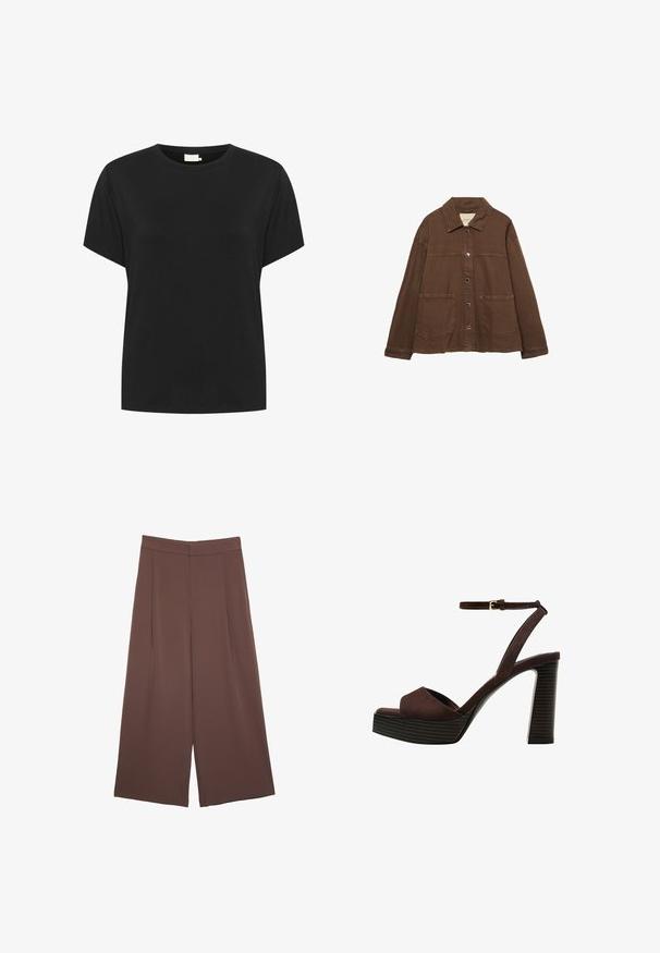 Brun bomulljacka med krage, tryckknappar framtill och två stora påsydda fickor. Rent, rakskuren design.; Svart bomullströja med rund halsringning och korta ärmar. Tyget har en slät textur och en avslappnad passform, utan synliga mönster.; Bruna vida byxor med en slät textur, som har hög midja och framfickor. Tyget är lätt och flödar löst.; Bruna mocka högklackade sandaler med öppen tå, justerbar vristrem och en randig plattformssula.