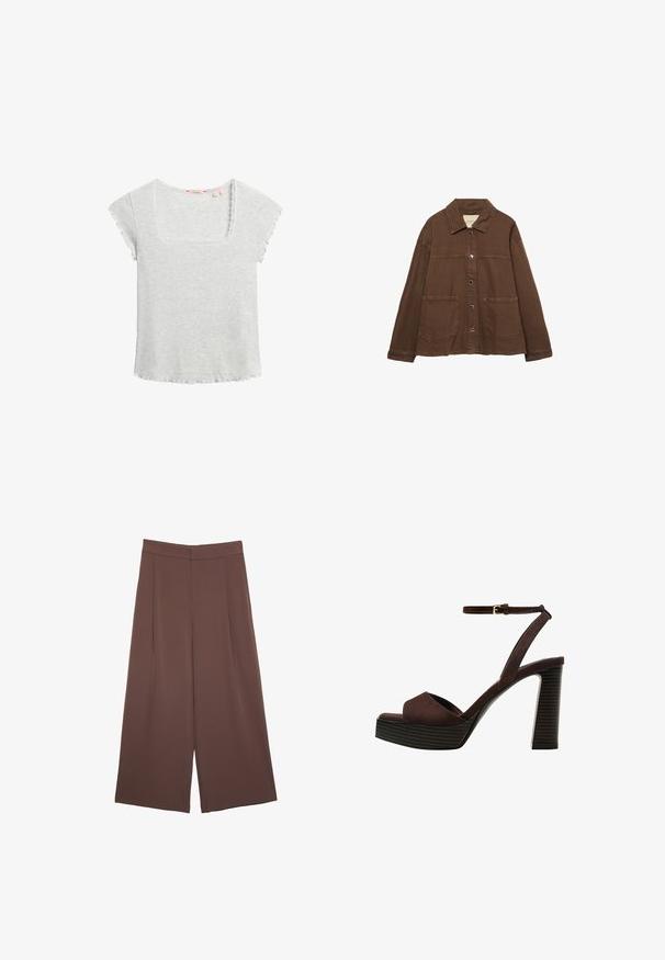 Brun bomuldsjakke med krave, frontknapper og to store påsyede lommer. Renskåret, lige snit.; Lys grå, kortærmet top med firkantet halsudskæring, ribbet tekstur og bølgede kanter. Blødt stof, afslappet design og løs pasform.; Brune bredbunde bukser med en glat tekstur, der har høj talje og plisseringer foran. Stoffet er let og falder løst.; Brune ruskinds højhælede sandal med åben tå, justerbar ankelrem og en stribet plade sål.