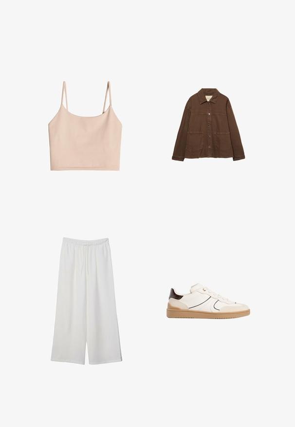 Hnedá bavlnená bunda s límcom, prednými cvokmi a dvoma veľkými náprsnými vreckami. Čistý, rovný strih.; Telový skrátený top s tenkými ramienkami, vyrobený z mäkkej tkaniny, s hladkou textúrou a jednoduchým, rovno strihaným dizajnom.; Biele široké nohavice z ľahkého materiálu s elastickým pásom a šnúrkou na nastavenie veľkosti. Hladká textúra.; Stradivarius Tenisky - white