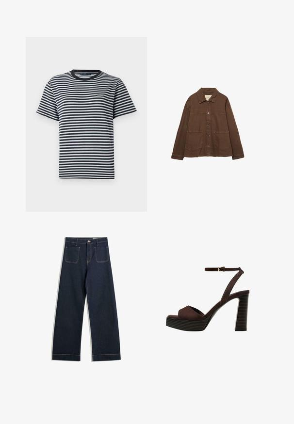 Brun bomuldsjakke med krave, frontknapper og to store påsyede lommer. Renskåret, lige snit.; T-shirt med striber, der har sorte og hvide vandrette striber, rund halsudskæring og korte ærmer. Fremstillet af blødt, let materiale.; Mørkeblå vide jeans lavet af denim med kontrasterende beige syninger, to baglommer og en knaplukning i taljen.; Brune ruskinds højhælede sandal med åben tå, justerbar ankelrem og en stribet plade sål.
