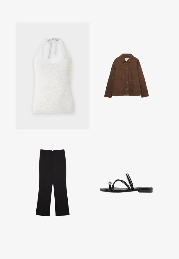 Hnědá bavlněná bunda s límcem, předními patentními knoflíky a dvěma velkými našitými kapsami. Čistý, rovný střih.; Světle šedý halter top vyrobený z měkké tkaniny s oblým výstřihem a uvázáním na zádech, s jemnou strukturou.; Černé kalhoty s rovným střihem, s předními kapsami a bočními rozparky na lemu. Vyrobené z jemné, hladké tkaniny. Vhodné na různé příležitosti.; Černé ploché sandály s lesklým povrchem, třemi tenkými popruhy a kulatým kovovým detailem na špičce. Elegantní design s minimálním podpatkem.