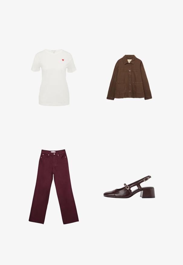 Brązowa bawełniana kurtka z kołnierzykiem, z przodu na zatrzaski i dwiema dużymi naszywanymi kieszeniami. Czysty, prosty krój.; Biała bawełniana koszulka z krótkim rękawem, okrągłym dekoltem, z małym czerwonym sercem wyszytym na lewej stronie klatki piersiowej.; Bordowe jeansy z wysokim stanem i prostymi nogawkami, z przednimi kieszeniami, zapięciem na guzik oraz mosiężnymi akcentami.; Brązowe skórzane szpilki z odkrytym piętą, kwadratowym noskiem, wyciętymi bokami i słupkowym obcasem. Posiadają klamrę na pasku wokół kostki.