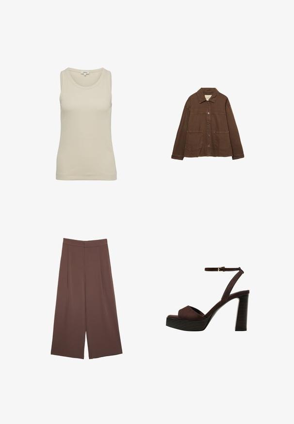 Smeđa pamučna jakna s ovratnikom, prednjim snap gumbima i dva velika džepa. Čist, ravno krojen dizajn.; Svijetlosmeđi top bez rukava s okruglim izrezom i širokim naramenicama. Izrađen od rebraste tkanine, ima jednostavan, bešavni dizajn.; Smeđe hlače širokog kroja s glatkom teksturom, koje imaju visok struk i nabore sprijeda. Tkanina je lagana i slobodno se kreće.; Smeđe zamšaste sandale s visokim potpeticama, otvorenim prstima, podesivom trakicom oko gležnja i prugastom platformom.