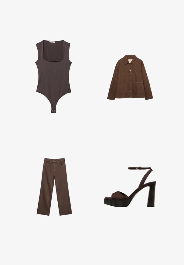 Brązowa bawełniana kurtka z kołnierzykiem, z przodu na zatrzaski i dwiema dużymi naszywanymi kieszeniami. Czysty, prosty krój.; Brązowy bezrękawnik z kwadratowym dekoltem, wykonany z miękkiej tkaniny. Posiada zapięcie na zatrzask u dołu oraz dopasowany krój.; Szerokie brązowe dżinsy wykonane z denimu, z wysokim stanem, przednimi kieszeniami i klasycznym zapięciem na guzik. Gładka faktura z subtelnym przeszyciem.; Brązowe zamszowe sandały na wysokim obcasie z odkrytymi palcami, regulowanym paskiem na kostce i paskowatą podeszwą.