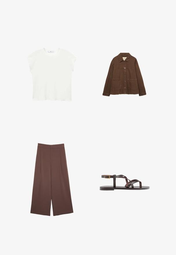 Braune Baumwolljacke mit einem Kragen, vorderen Druckknöpfen und zwei großen aufgesetzten Taschen. Sauberes, geradliniges Design.; Weißes T-Shirt mit kurzen Ärmeln, Rundhalsausschnitt, weichem Material und lässiger Passform. Der leicht abgerundete Saum verleiht einen lockeren Touch.; Braune Weite-Leg-Hosen mit einer glatten Textur, hoher Taille und Vorderfalten. Der Stoff ist leicht und fällt locker.; Braune Leder-Sandale mit überkreuzten Riemen, einem Knöchelriemen mit Schnalle und einer flachen Sohle mit minimalen Nähdetails.