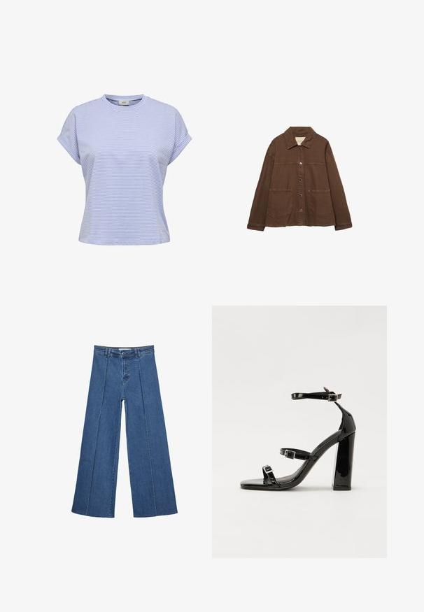 Brązowa bawełniana kurtka z kołnierzykiem, z przodu na zatrzaski i dwiema dużymi naszywanymi kieszeniami. Czysty, prosty krój.; Jasnoniebieska koszulka w paski z okrągłym dekoltem, krótkimi podwiniętymi rękawami i luźnym krojem. Wykonana z miękkiego materiału o gładkiej fakturze.; Jeans typu wide-leg w średnim niebieskim kolorze, z wysokim stanem, zapięciem na guziki oraz kontrastowymi szwami pionowymi z przodu.; Czarne lakierowane sandały na obcasie z kwadratowym noskiem, z paskami wokół kostki i srebrnymi klamrami. Posiadają masywny słupek dla stabilności.