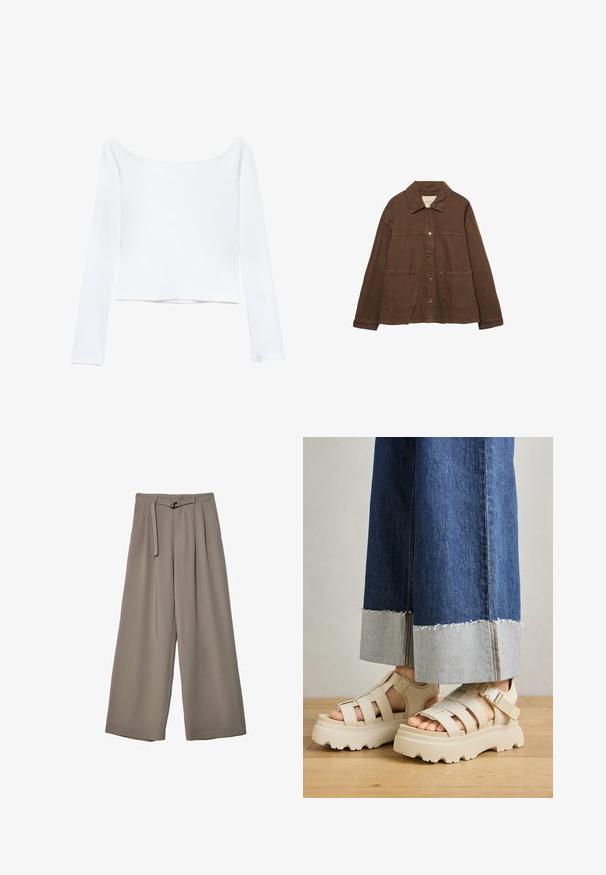 Ruskea puuvillapusero, jossa on kauluksellinen kaula-aukko, etuosassa napit ja kaksi suurta päällystaskua. Siisti, suora leikkaus.; Valkoinen pitkähihainen lyhyt toppi, jossa on olkaimeton kaula-aukko. Valmistettu sileästä, joustavasta kankaasta ilman näkyviä kuvioita tai koristeita.; Suurille lahkeille housuille pehmeässä, hillityssä harmaassa kankaassa, jossa on vyötäröllä vyö ja lisää muotoilun yksityiskohtia kuploissa. Sileä rakenne, ei kuvioita.; Beige platform-sandaalit paksuilla pohjilla, joissa on hihnallinen muotoilu ja säädettävät nilkkahihnat. Yhdistettyinä leveälahkeisiin farkkuihin, joiden yksi helma on revitty.