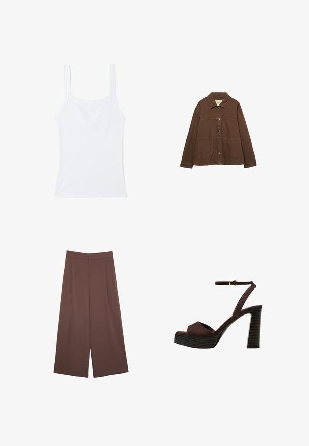 Hnědá bavlněná bunda s límcem, předními patentními knoflíky a dvěma velkými našitými kapsami. Čistý, rovný střih.; Bílý ribovaný top bez rukávů se čtvercovým výstřihem a tenkými ramínky. Materiál je hladký s mírným elastickým strečem a bez viditelných vzorů.; Hnědé široké kalhoty s hladkou texturou, vysokým pasem a předními záhyby. Materiál je lehký a volně splývá.; Hnědé semišové sandály na vysokém podpatku s otevřenou špičkou, nastavitelným páskem kolem kotníku a proužkovou platformou.