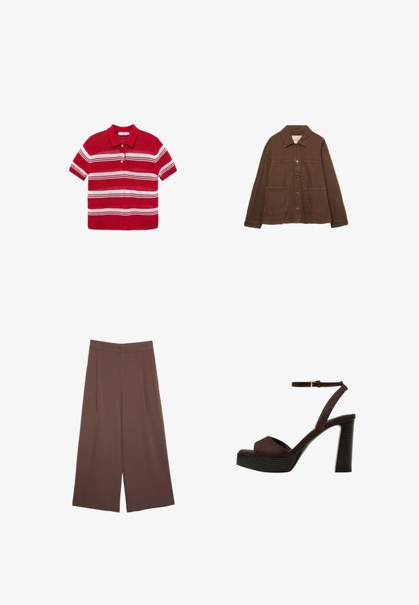 Braune Baumwolljacke mit einem Kragen, vorderen Druckknöpfen und zwei großen aufgesetzten Taschen. Sauberes, geradliniges Design.; Rotes Poloshirt mit kurzen Ärmeln und weißen horizontalen Streifen sowie drei weißen Knöpfen auf der Vorderseite.; Braune Weite-Leg-Hosen mit einer glatten Textur, hoher Taille und Vorderfalten. Der Stoff ist leicht und fällt locker.; Braune Wildleder-Pumps mit offenem Zeh, verstellbarem Knöchelriemen und gestreiftem Plateausohlen.