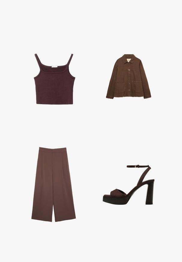 Hnědá bavlněná bunda s límcem, předními patentními knoflíky a dvěma velkými našitými kapsami. Čistý, rovný střih.; Burgundská přiléhavá tílko s tenkými ramínky, čtvercovým výstřihem a měkkou bavlněnou látkou. Má bezešvý design a minimální detaily.; Hnědé široké kalhoty s hladkou texturou, vysokým pasem a předními záhyby. Materiál je lehký a volně splývá.; Hnědé semišové sandály na vysokém podpatku s otevřenou špičkou, nastavitelným páskem kolem kotníku a proužkovou platformou.