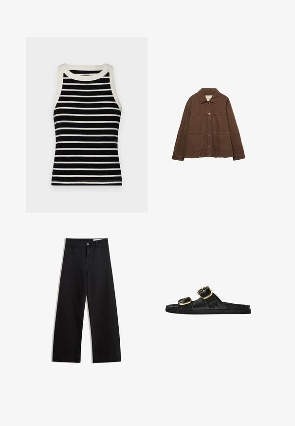 Hnědá bavlněná bunda s límcem, předními patentními knoflíky a dvěma velkými našitými kapsami. Čistý, rovný střih.; GAP MOD RIB HALTER CROP - Top - black/white; Černé denimové kalhoty s volným střihem a vysokým pasem, vybavené předními a zadními kapsami, prošívanými švy a knoflíkovým zapínáním. Hladká textura.; Černé kluzné sandály s dvěma zlatými sponami, hladkým texturovaným materiálem, plochou podrážkou a minimalistickým designem.