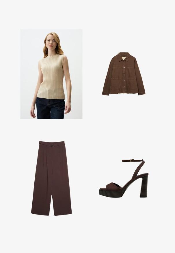 Braune Baumwolljacke mit einem Kragen, vorderen Druckknöpfen und zwei großen aufgesetzten Taschen. Sauberes, geradliniges Design.; Beige ärmelloses Oberteil mit vertikalen Falten, hohem Hals und glatter Textur, kombiniert mit dunkelblauen Jeans.; Stradivarius WIDE-LEG WITH BUCKLE DETAIL - Stoffhose - dark brown; Braune Wildleder-Pumps mit offenem Zeh, verstellbarem Knöchelriemen und gestreiftem Plateausohlen.