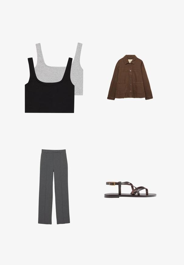 Brun bomuldsjakke med krave, frontknapper og to store påsyede lommer. Renskåret, lige snit.; To bomuldsblandede tanktoppe: en sort og en grå, begge med ribbet tekstur og brede stropper, med en rund halsudskæring og en behagelig pasform.; Grå bukser lavet af et tekstureret stof, med et design med lige ben og frontfældninger. Ingen synlige detaljer på taljen eller hardware.; Brune lædersandal med krydsende stropper, ankelspænde og en flad sål med minimale syninger.