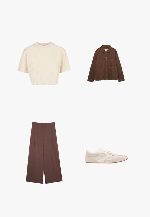 Giacca in cotone marrone con colletto, bottoni a pressione frontali e due grandi tasche a toppa. Design pulito e dritto.; T-shirt accorciato realizzato in un morbido tessuto, con maniche corte, scollatura rotonda e di colore beige chiaro con una texture liscia.; Pantaloni ampi marroni con una texture liscia, caratterizzati da una vita alta e pieghe frontali. Il tessuto è leggero e scorre liberamente.; Scarpa atletica beige con una combinazione di materiali in mesh e suede, punta arrotondata e lacci. Gli accenti testurizzati sulla parte superiore migliorano la presa.