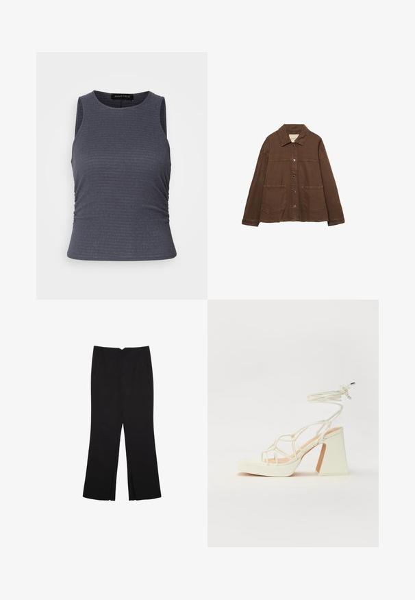 Brun bomuldsjakke med krave, frontknapper og to store påsyede lommer. Renskåret, lige snit.; Mørkegrå ærmeløs top lavet af tekstureret stof, med en rund neckline og samlinger i siderne for et tætsiddende look.; Sorte bukser med lige pasform, der har frontlommer og slidser i kanten. Lavet af blødt, glat stof. Velegnet til forskellige anledninger.; Hvide højhælede sandaler med en kraftig hæl, der har et stropdesign og ankelbinding. Glat tekstur med en platform foran for ekstra højde.