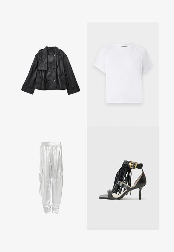 Veste en cuir noir avec un design à double boutonnage, de larges revers et des manches longues. Présente des fermetures à boutons et des poches latérales.; T-shirt en coton blanc avec un col rond, des manches raglan courtes et une coupe décontractée. Texture lisse sans motifs ni accents visibles.; Pantalons cargo argentés avec une finition métallique brillante. Conçus avec une taille élastique et deux poches latérales pour plus de fonctionnalité.; Sandale noire à talons hauts avec des franges, bride de cheville avec quincaillerie dorée, bout carré plat et deux brides croisées sur l'empeigne.