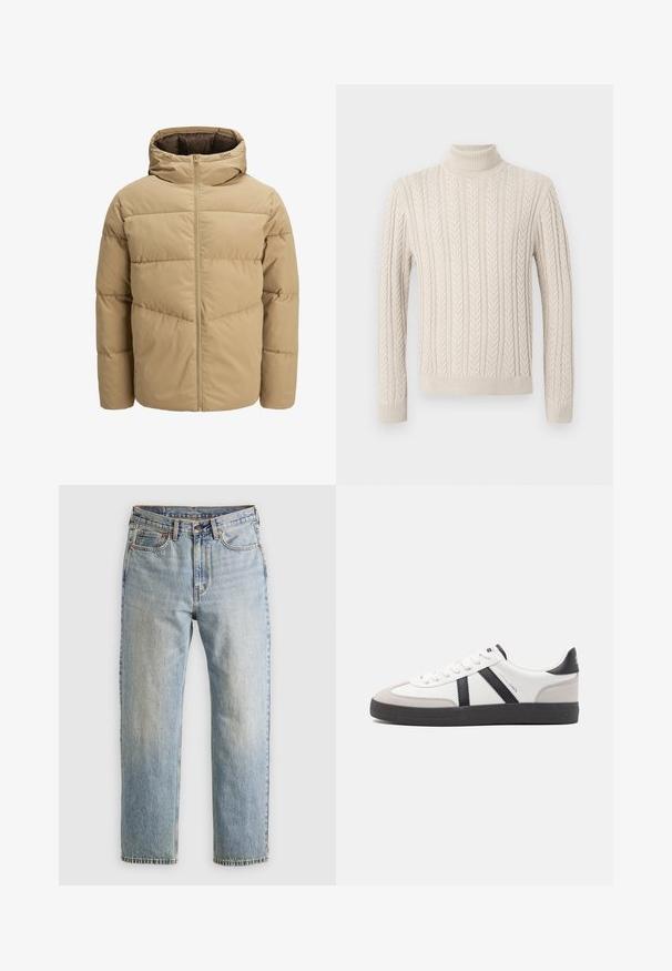 Beige puffjacka med huva, har en frontdragkedja, sydda paneler och en mjuk textur. Insidan är mörkbrun.; Beige, stickad tröja med hög, ribbad polokrage. Har ett strukturerat kabelmönster och ribbade mudd och nederkant, vilket ger ett mysigt utseende.; Ljusblå denimjeans med hög midja, framknäppning, dragkedja och femficksdesign, placerade platt på en neutral bakgrund.; Vit sneaker med svarta och grå accenter, med en strukturerad grå tådel, svart gummisul, och platta vita skosnören. Ren design, minimalistisk stil.