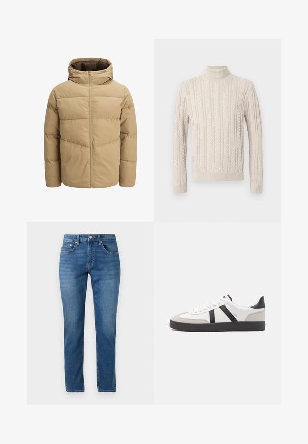 Beige puffer jacket with a hood, featuring a front zipper, stitched panels, and a smooth texture. Interior is dark brown.; Beige, knitted sweater with a high, ribbed turtleneck. Features a textured cable pattern and ribbed cuffs and hem, offering a cozy appearance.; Blue straight-leg jeans with five pockets, button closure, and subtle fading on front thighs against white background.; White sneaker with black and gray accents, featuring a textured gray toe cap, black rubber sole, and flat white laces. Clean design, minimalist style.