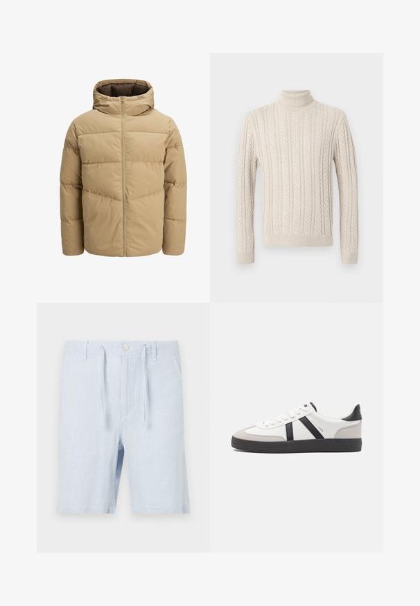 Beige prošívaná bunda s kapucí, s předním zipem, šitými panely a hladkou texturou. Interiér je tmavě hnědý.; Beige pletený svetr s vysokým, vroubkovaným rolákem. Obsahuje texturovaný kabelkový vzor a vroubkované manžety a lem, což mu dodává útulný vzhled.; Světle modré proužkované šortky s páskem na stažení v pase, předními kapsami a knoflíkovým zavíráním, vyrobené z lehkého materiálu.; Bílé tenisky s černými a šedými akcenty, opatřené texturovaným šedým prstovým krytem, černou gumovou podrážkou a plochými bílými tkaničkami. Čistý design, minimalistický styl.