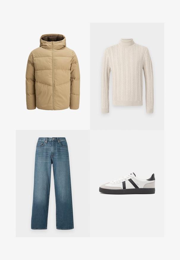 Bež zimska jakna s kapuljačom, koja ima prednji zip, ušivene panele i glatku teksturu. Unutrašnjost je tamnosmeđa.; Bežani, pleteni pulover s visokim rebrastim okovratnikom. Ima reljefni kabelski uzorak te rebraste manžete i rub, što pruža ugodan izgled.; Wide-leg tamnoplave traperice s gumbom, petljama za pojas i izblijeđenom teksturom. Ima pet džepova i kontrastne šavove.; Bijele tenisice s crnim i sivim detaljima, s teksturiranim sivim zaštitnikom prstiju, crnim gumene potplate i ravnim bijelim vezicama. Čist dizajn, minimalistički stil.