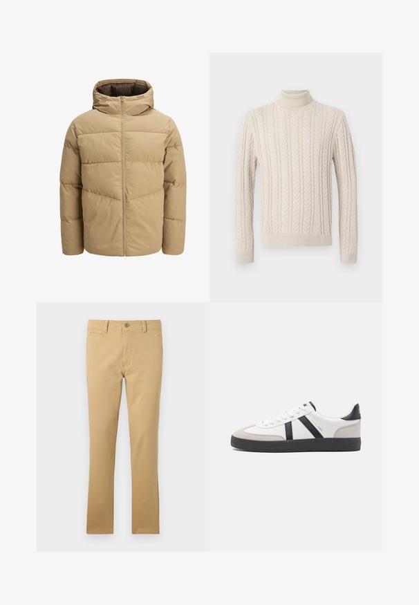 Beżowa kurtka puchowa z kapturem, z zamkiem błyskawicznym z przodu, przeszytymi panelami i gładką teksturą. Wnętrze jest ciemnobrązowe.; Beżowy, dzianinowy sweter z wysokim, prążkowanym golfem. Posiada teksturowany wzór w warkocze oraz prążkowane mankiety i dół, co zapewnia przytulny wygląd.; Beżowe spodnie wykonane z bawełny, o prostym kroju nogawki, z frontowymi kieszeniami, z zapięciem na guzik oraz subtelną teksturą materiału.; Białe sneakersy z czarnymi i szarymi akcentami, z teksturowanym szarym czubkiem, czarną gumową podeszwą i płaskimi białymi sznurowadłami. Czysty design, minimalistyczny styl.