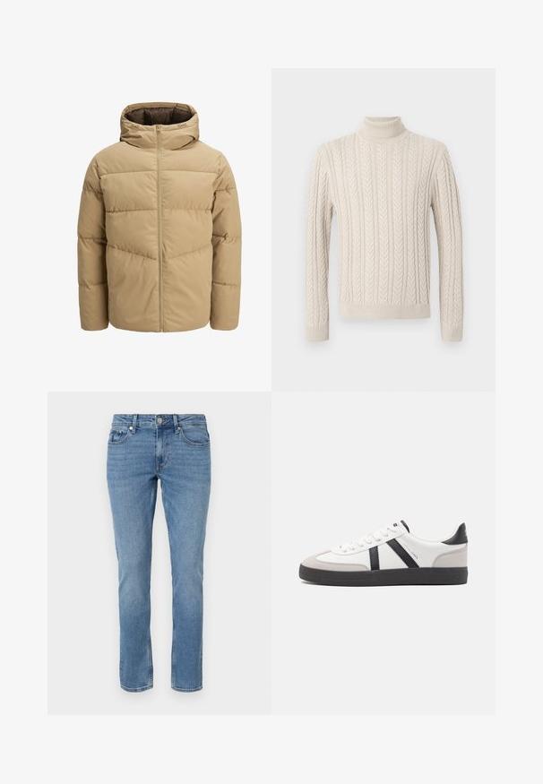 Bež pehme jope kapuutsiga, millel on eesneed ja õmmeldud paneelid, ning sile tekstuur. Interjöör on tumepruun.; Beige, kootud sviiter kõrge soonikuline kaelus. Omab tekstuuriga nöörmustrit ning soonikuid varrukaid ja alumist äärt, pakkudes hubast välimust.; Sinisest sirge lõikega denimist teksad esipocketite, vöökummidega ja nööbiga sulgemisega.; Valged tossud mustade ja hallide aktsentidega, tekstureeritud halli varbakattega, musta kummitald ja lamedad valged paelad. Puhtad jooned, minimalistlik stiil.