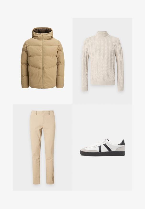 Giacca puffer beige con cappuccio, dotata di una cerniera frontale, pannelli cuciti e una texture liscia. L'interno è di colore marrone scuro.; Maglione beige lavorato a maglia con un alto collo a costine. Presenta un motivo a treccia testurizzato e polsini e orlo a coste, offrendo un aspetto accogliente.; Pantaloni in cotone beige con vestibilità classica, chiusura con zip e bottone, passanti per cintura e orli puliti. Nessun motivo o dettaglio visibile.; Sneaker bianco con accenti neri e grigi, dotata di una punta grigia testurizzata, suola in gomma nera e lacci bianchi piatti. Design pulito, stile minimalista.