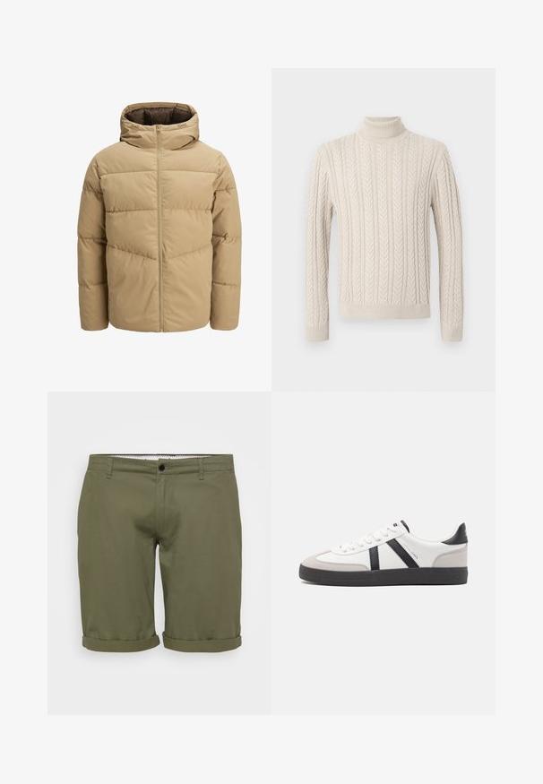 Doudoune beige avec capuche, dotée d'une fermeture éclair à l'avant, de panneaux piqués et d'une texture lisse. Intérieur de couleur marron foncé.; Pull en tricot beige avec un col roulé haut et côtelé. Présente un motif en maille torsadée texturé et des poignets et ourlet côtelés, offrant une apparence chaleureuse.; Shorts vert olive avec une texture lisse, ourlets retroussés, bouton à la taille avant et poches latérales. Design simple et ajusté pour un look décontracté.; Baskets blanches avec des accents noirs et gris, présentant un embout texturé gris, une semelle en caoutchouc noir et des lacets plats blancs. Design épuré, style minimaliste.