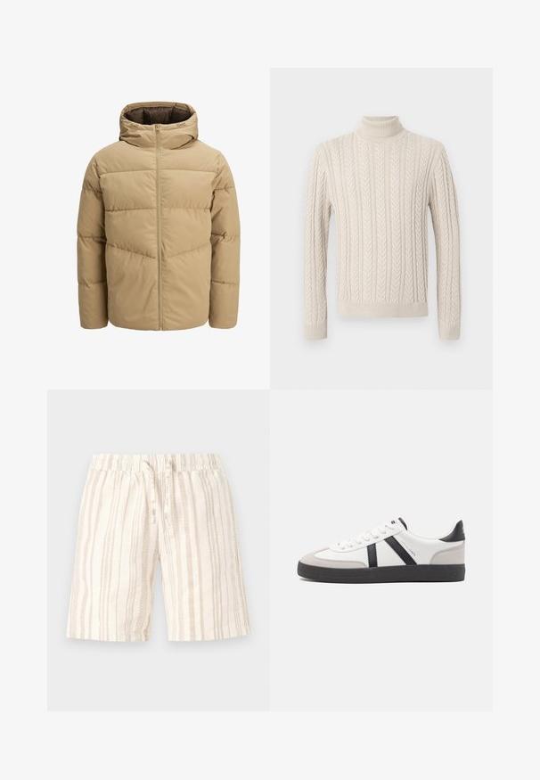 Giacca puffer beige con cappuccio, dotata di una cerniera frontale, pannelli cuciti e una texture liscia. L'interno è di colore marrone scuro.; Maglione beige lavorato a maglia con un alto collo a costine. Presenta un motivo a treccia testurizzato e polsini e orlo a coste, offrendo un aspetto accogliente.; Shorts beige chiaro con righe verticali in diverse sfumature. Presentano una vita elastica con cordoncino per la regolazione. Tessuto morbido e di texture.; Sneaker bianco con accenti neri e grigi, dotata di una punta grigia testurizzata, suola in gomma nera e lacci bianchi piatti. Design pulito, stile minimalista.