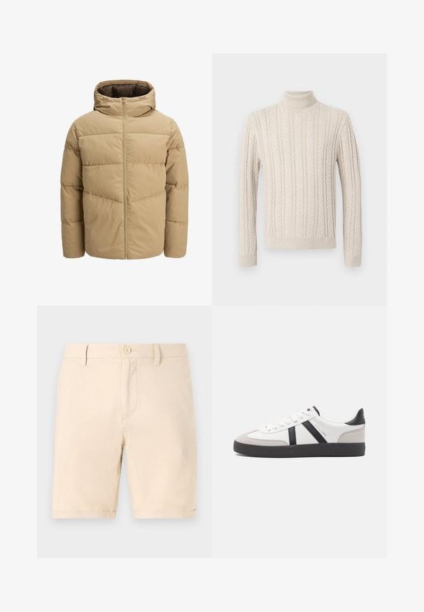 Doudoune beige avec capuche, dotée d'une fermeture éclair à l'avant, de panneaux piqués et d'une texture lisse. Intérieur de couleur marron foncé.; Pull en tricot beige avec un col roulé haut et côtelé. Présente un motif en maille torsadée texturé et des poignets et ourlet côtelés, offrant une apparence chaleureuse.; Shorts en coton beige avec un design à plat devant, une fermeture à un bouton et des ourlets retroussés. Comprend des poches latérales et une texture lisse.; Baskets blanches avec des accents noirs et gris, présentant un embout texturé gris, une semelle en caoutchouc noir et des lacets plats blancs. Design épuré, style minimaliste.