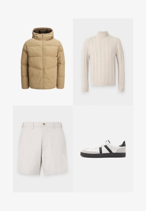 Beige puff jakke med hette, med glidelås foran, sydde paneler og en glatt tekstur. Innvendig er den mørkebrun.; Beige, strikket genser med høy, ribbestrikket turtleneck. Har et strukturert mønster med kabel og ribbestrikkede mansjetter og kant, som gir et koselig utseende.; Beige linshorts med rett snitt, med knappelukking foran, beltehemper og to sidelommer. Teksturlig stoff.; Hvite sneakers med svarte og grå detaljer, med en teksturert grå tåhette, svart gummisåle, og flate hvite lisser. Rent design, minimalistisk stil.