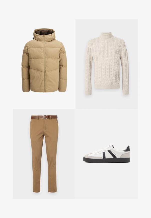 Bež pehme jope kapuutsiga, millel on eesneed ja õmmeldud paneelid, ning sile tekstuur. Interjöör on tumepruun.; Beige, kootud sviiter kõrge soonikuline kaelus. Omab tekstuuriga nöörmustrit ning soonikuid varrukaid ja alumist äärt, pakkudes hubast välimust.; Kohvased chinos tekstureeritud pinnaga, millel on nurga all asuvad küljetaskud, nööbi ja luku sulgemine ning pruun nahkne vöö.; Valged tossud mustade ja hallide aktsentidega, tekstureeritud halli varbakattega, musta kummitald ja lamedad valged paelad. Puhtad jooned, minimalistlik stiil.