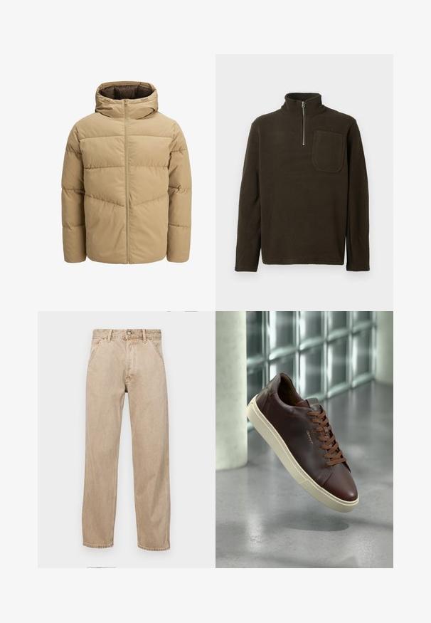 Beige pufferjakke med hætte, med en frontlynlås, syede paneler og en glat overflade. Indersiden er mørkebrun.; Brun fleece pullover med høj krave, halv lynlås og brystlomme. Blød tekstur og afslappet pasform med lange ærmer.; Beige denimjeans med lige bendesign, med forlommer, metalknaplukning og subtil struktur.; Brune lædersneaker med rund tå, brune snørebånd og en beige gummisål. Har minimal branding på siden.