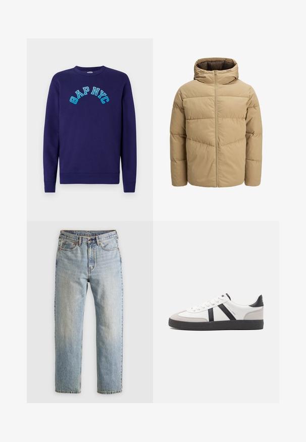 Harmaa puhvijakku hupulla, jossa on edessä vetoketju, ommellut paneelit ja sileä pinta. Sisäpuoli on tummanruskea.; Laivastonsininen collegepusero, joka on valmistettu puuvillasta ja jossa on edessä vaaleansinisellä brodeerattu kaaren muotoinen teksti "GAP NYC". Klassinen pyöreä kaula-aukko.; Vaaleansininen farkut, joissa on korkea vyötärö, etunappi, vetoketju ja viisi taskua, asetettu tasaisesti neutraalille taustalle.; Valkoiset lenkkarit mustilla ja harmailla yksityiskohdilla, joissa on teksturoitu harmaa kärki, musta kumipohja ja litteät valkoiset nauhat. Siisti muotoilu, minimalistinen tyyli.