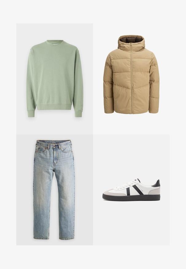 Beige puffer jacket with a hood, featuring a front zipper, stitched panels, and a smooth texture. Interior is dark brown.; Light green crewneck sweatshirt with long sleeves, crafted from soft material, featuring ribbed cuffs and hem, and a relaxed fit.; Light blue denim jeans with high waist, front button, zipper, and five-pocket design, laid flat on a neutral background.; White sneaker with black and gray accents, featuring a textured gray toe cap, black rubber sole, and flat white laces. Clean design, minimalist style.