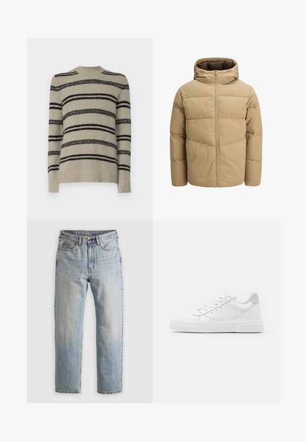 Beige pufferjack met een capuchon, met een ritssluiting aan de voorkant, gestikte panelen en een gladde textuur. De binnenkant is donkerbruin.; Beige trui met zwarte strepen, gebreide textuur, ronde hals en lange mouwen. Heeft variërende breedte van de strepen voor detail.; Lichtblauwe denim jeans met hoge taille, frontknop, rits en vijfzakkenontwerp, plat gelegd op een neutrale achtergrond.; Witte leren sneakers met een gladde afwerking, ronde neus, platte veters en een gestructureerde zool. Grijze suède accent bij de hiel.