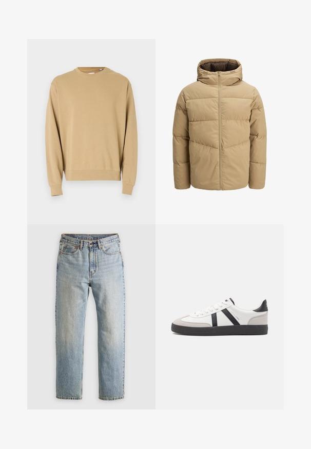 Beżowa kurtka puchowa z kapturem, z zamkiem błyskawicznym z przodu, przeszytymi panelami i gładką teksturą. Wnętrze jest ciemnobrązowe.; Beżowa bluza z długimi rękawami i okrągłym dekoltem. Wykonana z bawełny, z gładką fakturą i ściągaczami przy rękawach oraz na dole.; Jasnoniebieskie dżinsy z wysokim stanem, z guzikiem z przodu, zamkiem błyskawicznym i pięcioma kieszeniami, ułożone na płasko na neutralnym tle.; Białe sneakersy z czarnymi i szarymi akcentami, z teksturowanym szarym czubkiem, czarną gumową podeszwą i płaskimi białymi sznurowadłami. Czysty design, minimalistyczny styl.