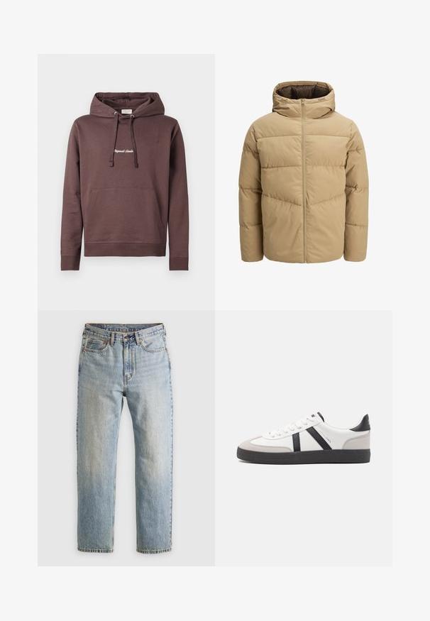 Beige pufferjack met een capuchon, met een ritssluiting aan de voorkant, gestikte panelen en een gladde textuur. De binnenkant is donkerbruin.; Bruine pullover hoodie met een voorste kangoeroezak, verstelbare trekkoordkap en geborduurde tekst op de borst. Katoenmix stof.; Lichtblauwe denim jeans met hoge taille, frontknop, rits en vijfzakkenontwerp, plat gelegd op een neutrale achtergrond.; Witte sneaker met zwarte en grijze accenten, voorzien van een grijze neus met textuur, zwarte rubberen zool en platte witte veters. Schoon ontwerp, minimalistische stijl.