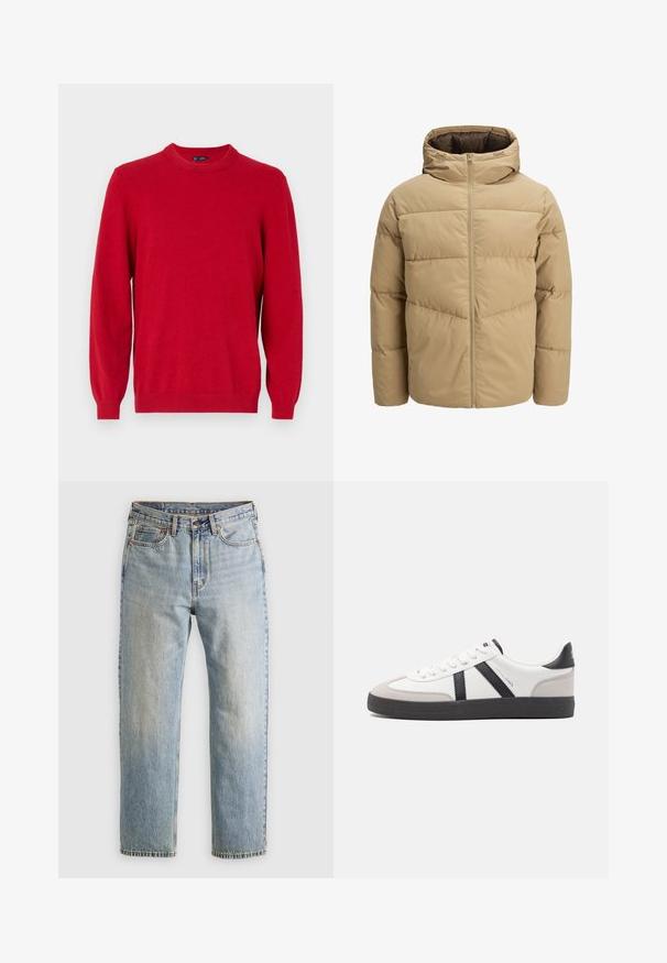 Harmaa puhvijakku hupulla, jossa on edessä vetoketju, ommellut paneelit ja sileä pinta. Sisäpuoli on tummanruskea.; Punainen neulepaita, joka on valmistettu pehmeästä neulekankaasta. Siinä on pyöreä pääntie, pitkät hihat sekä resorireunat hihoissa ja helman kohdalla. Yksinkertainen muotoilu ilman ylimääräisiä kuvioita.; Vaaleansininen farkut, joissa on korkea vyötärö, etunappi, vetoketju ja viisi taskua, asetettu tasaisesti neutraalille taustalle.; Valkoiset lenkkarit mustilla ja harmailla yksityiskohdilla, joissa on teksturoitu harmaa kärki, musta kumipohja ja litteät valkoiset nauhat. Siisti muotoilu, minimalistinen tyyli.