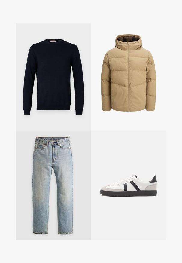 Beige puff jakke med hette, med glidelås foran, sydde paneler og en glatt tekstur. Innvendig er den mørkebrun.; Mørkeblå rundhalsgenser laget av glatt strikket stoff, med lange ermer og ribbede mansjetter og kant. Minimalistisk design uten mønstre.; Lys blå denim jeans med høy midje, frontknapp, glidelås og fem-lommers design, lagt flatt på en nøytral bakgrunn.; Hvite sneakers med svarte og grå detaljer, med en teksturert grå tåhette, svart gummisåle, og flate hvite lisser. Rent design, minimalistisk stil.