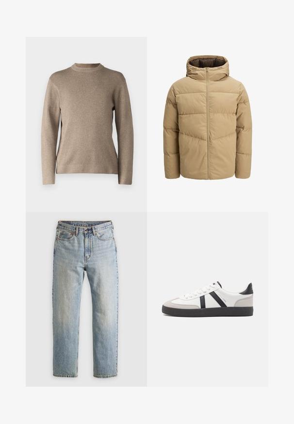 Giacca puffer beige con cappuccio, dotata di una cerniera frontale, pannelli cuciti e una texture liscia. L'interno è di colore marrone scuro.; Maglione beige con scollo rotondo, maniche lunghe, polsini a coste e un tessuto morbido e texturizzato. Presenta un design semplice e una vestibilità comoda.; Jeans in denim azzurro chiaro con vita alta, bottone anteriore, cerniera e design a cinque tasche, adagiati su uno sfondo neutro.; Sneaker bianco con accenti neri e grigi, dotata di una punta grigia testurizzata, suola in gomma nera e lacci bianchi piatti. Design pulito, stile minimalista.