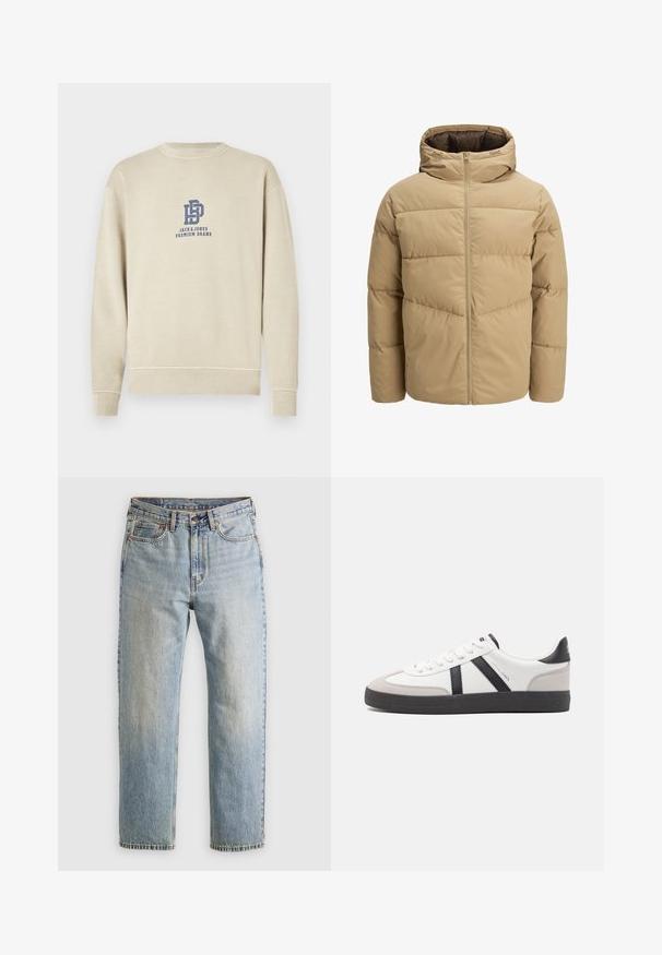 Giacca puffer beige con cappuccio, dotata di una cerniera frontale, pannelli cuciti e una texture liscia. L'interno è di colore marrone scuro.; Felpa beige in cotone, con scollo rotondo, polsini e orlo a costine, con stampa del logo blu sul petto.; Jeans in denim azzurro chiaro con vita alta, bottone anteriore, cerniera e design a cinque tasche, adagiati su uno sfondo neutro.; Sneaker bianco con accenti neri e grigi, dotata di una punta grigia testurizzata, suola in gomma nera e lacci bianchi piatti. Design pulito, stile minimalista.