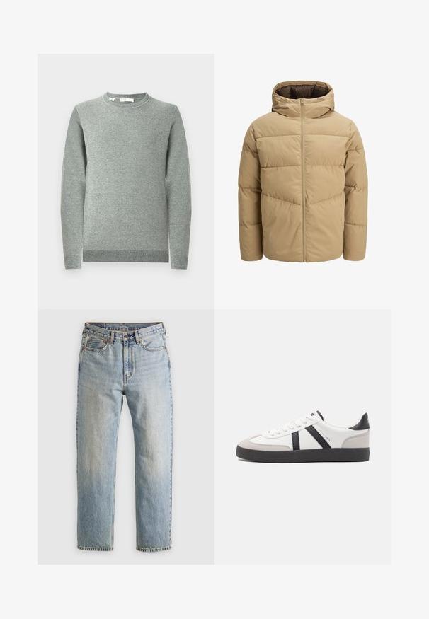 Bežová puffrová bunda s kapucňou, vybavená predným zipsom, prešívanými panelmi a hladkou textúrou. Interiér je tmavo hnedý.; Svetlosivý pletený sveter s okrúhlym výstrihom, dlhými rukávmi, rebrovanými manžetami a spodným lemom. Textúrovaná tkanina s jemným vzorom.; Svetlomodré džínsy s vysokým pásom, predným gombíkom, zipsom a dizajnom s piatimi vreckami, rozložené na neutrálnom pozadí.; Biele tenisky s čiernymi a šedými akcentmi, s textúrovanou šedou špičkou, čiernou gumovou podrážkou a plochými bielymi šnúrkami. Čistý dizajn, minimalistický štýl.